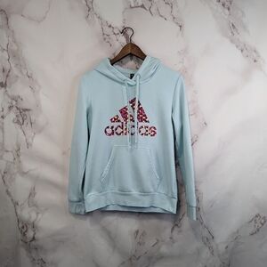 Adidas Hoodie Women Size Small Fleece Light Blue Pink Polka Dot Graphic Logo